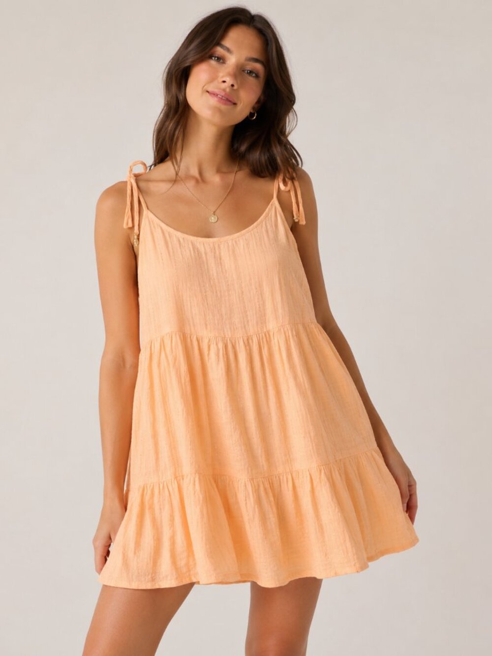 Aerie Peach Gauze Tie Strap Mini Dress Medium Metallic Stripe Tiered Babydoll
